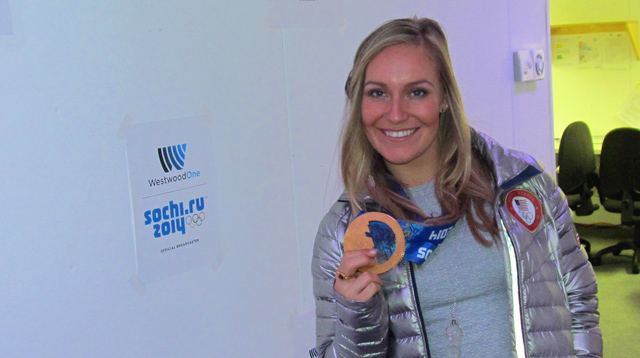 Jamie shows off her gold medal in our WestwoodOne studios in Sochi. 