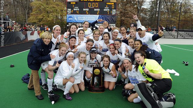 The University of Connecticut celebrates a victory over Syracuse University during the Division I Women's Field Hockey Championship held at the Field Hockey & Lacrosse Complex in College Park, MD. UConn defeated Syracuse 1-0 for the national title.  (Greg Fiume/NCAA Photos)